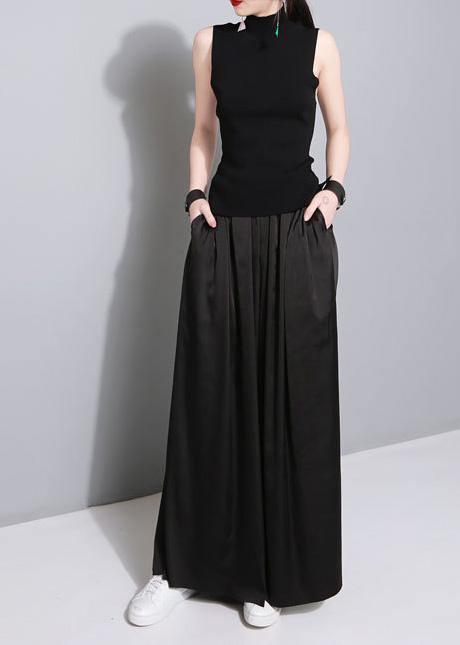 black elegant blended women trousers plus size elastic waist straight pants - SooLinen