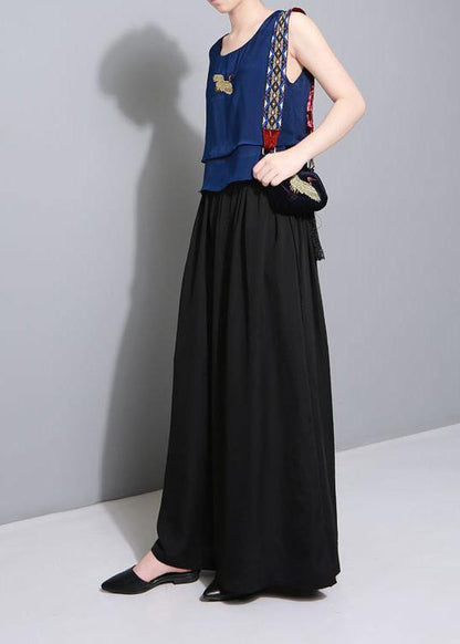 black elegant blended women trousers plus size elastic waist straight pants - SooLinen