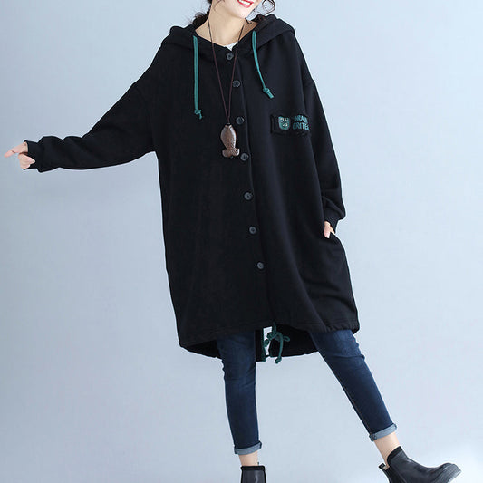 schwarze modische Trenchcoats aus Baumwolle mit Rückendruck und Kapuze in Übergröße für den Winter