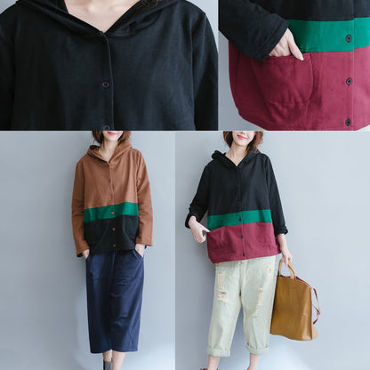 schwarze Patchwork-Mäntel aus dicker Baumwolle in Übergröße, lässige Oberbekleidung mit Kapuze