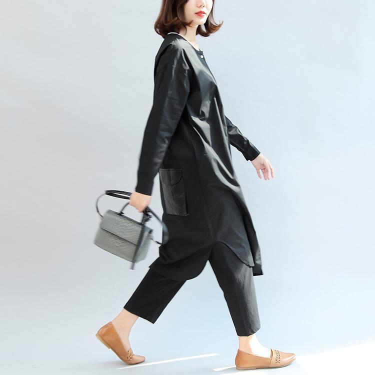 schwarze Patchwork-Baumwollbluse mit Taschen, Oversize-Hemdkleid mit O-Ausschnitt