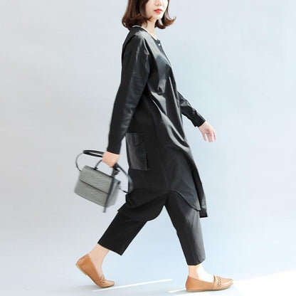 schwarze Patchwork-Baumwollbluse mit Taschen, Oversize-Hemdkleid mit O-Ausschnitt
