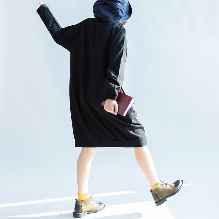 schwarze Baumwollkleider mit Rosendruck, übergroßes Frühlingspulloverkleid