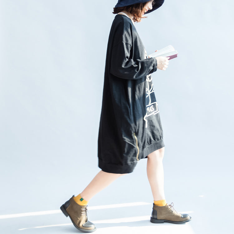 schwarze Baumwollkleider mit Rosendruck, übergroßes Frühlingspulloverkleid