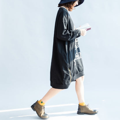 schwarze Baumwollkleider mit Rosendruck, übergroßes Frühlingspulloverkleid