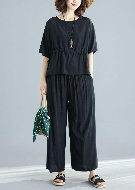 black summer short sleeve pullover and casual drawstring pants two pieces - SooLinen