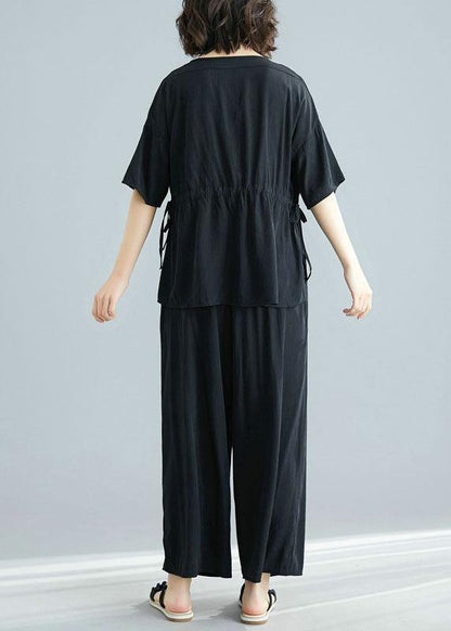 black summer short sleeve pullover and casual drawstring pants two pieces - SooLinen