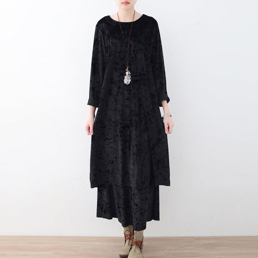 schwarzer zweiteiliger Herbst-Oversize-Cordpullover mit gemütlicher Hose mit weitem Bein