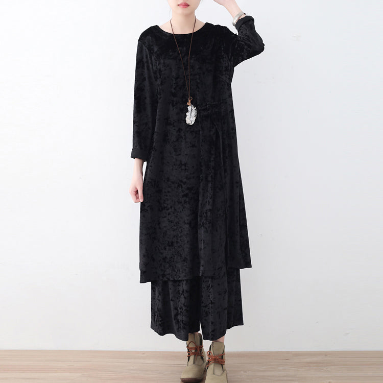 schwarzer zweiteiliger Herbst-Oversize-Cordpullover mit gemütlicher Hose mit weitem Bein