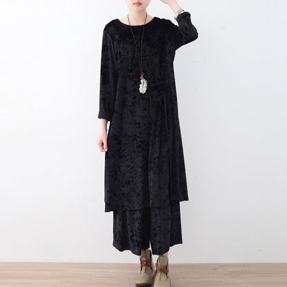 schwarzer zweiteiliger Herbst-Oversize-Cordpullover mit gemütlicher Hose mit weitem Bein