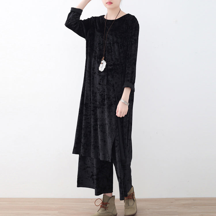 schwarzer zweiteiliger Herbst-Oversize-Cordpullover mit gemütlicher Hose mit weitem Bein