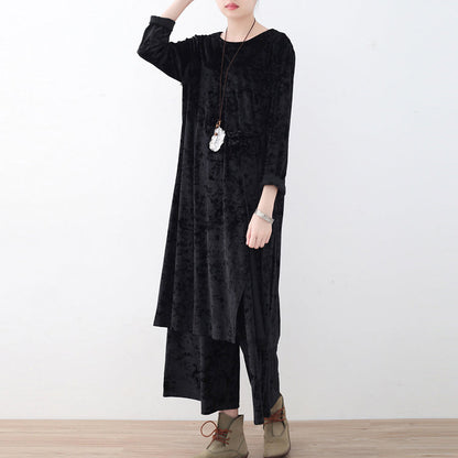 schwarzer zweiteiliger Herbst-Oversize-Cordpullover mit gemütlicher Hose mit weitem Bein