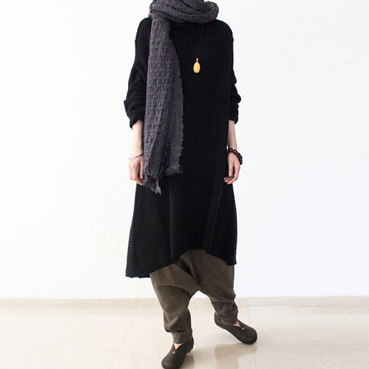 schwarze Winterkleider übergroße lange Baumwollpullover warme Strickkleider Rollkragen 2024
