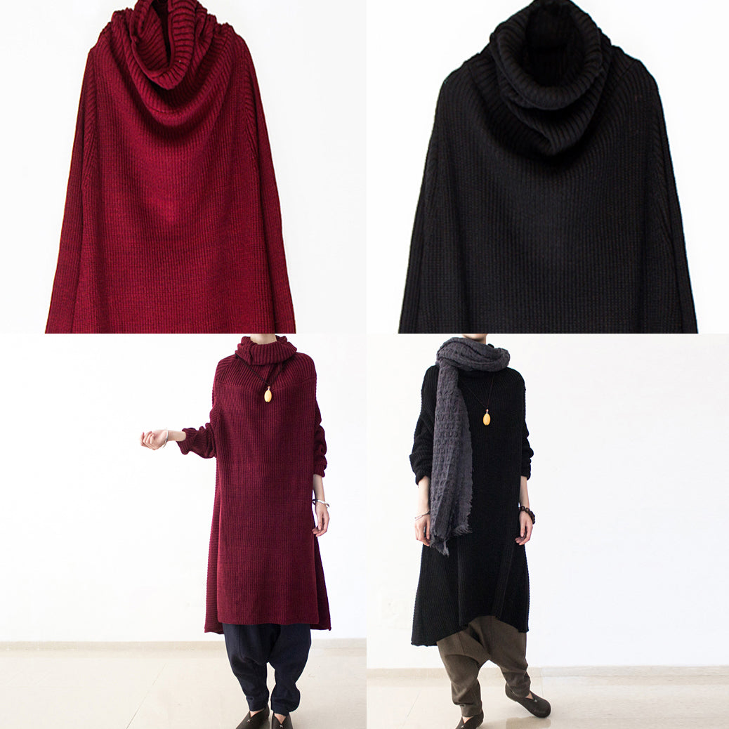 schwarze Winterkleider übergroße lange Baumwollpullover warme Strickkleider Rollkragen 2024