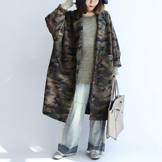 schwärzlich-grüne Camouflage lässige Woll-Cardigans Oversize-Taschen Langarm-Trenchcoats
