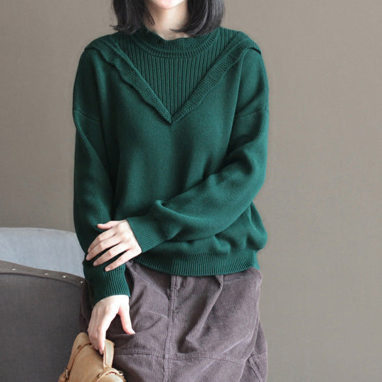 Schwarzgrüne dicke Baumwoll-Strickbluse mit Spitzenkragen in Übergröße