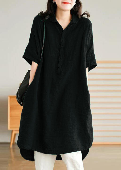 Schwarzes Leinenhemdkleid Sommer Midikleid