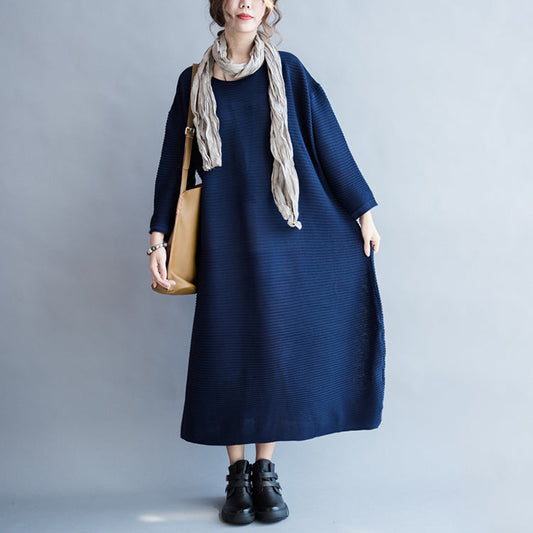 blaues lässiges warmes Strickkleid Oversize-Pulloverkleid mit O-Ausschnitt