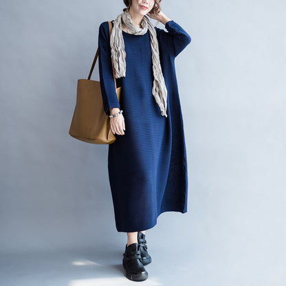 blaues lässiges warmes Strickkleid Oversize-Pulloverkleid mit O-Ausschnitt