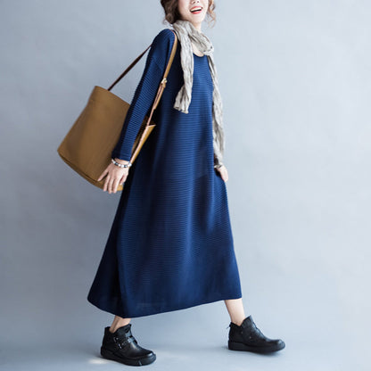 blaues lässiges warmes Strickkleid Oversize-Pulloverkleid mit O-Ausschnitt