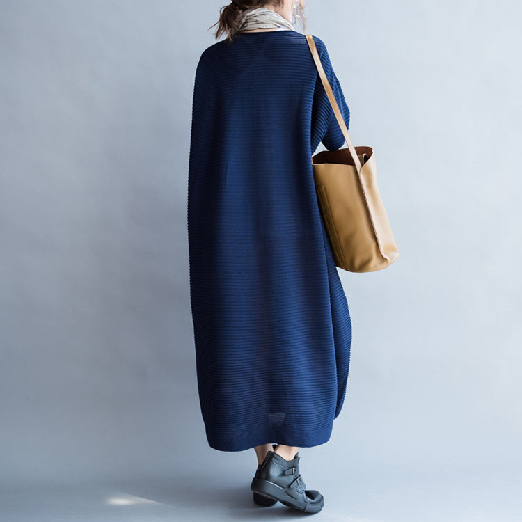 blaues lässiges warmes Strickkleid Oversize-Pulloverkleid mit O-Ausschnitt