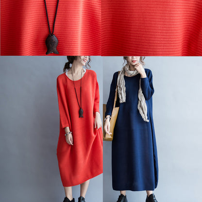 blaues lässiges warmes Strickkleid Oversize-Pulloverkleid mit O-Ausschnitt