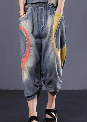 blue cotton new patchwork pants loose Cinched jeans - SooLinen
