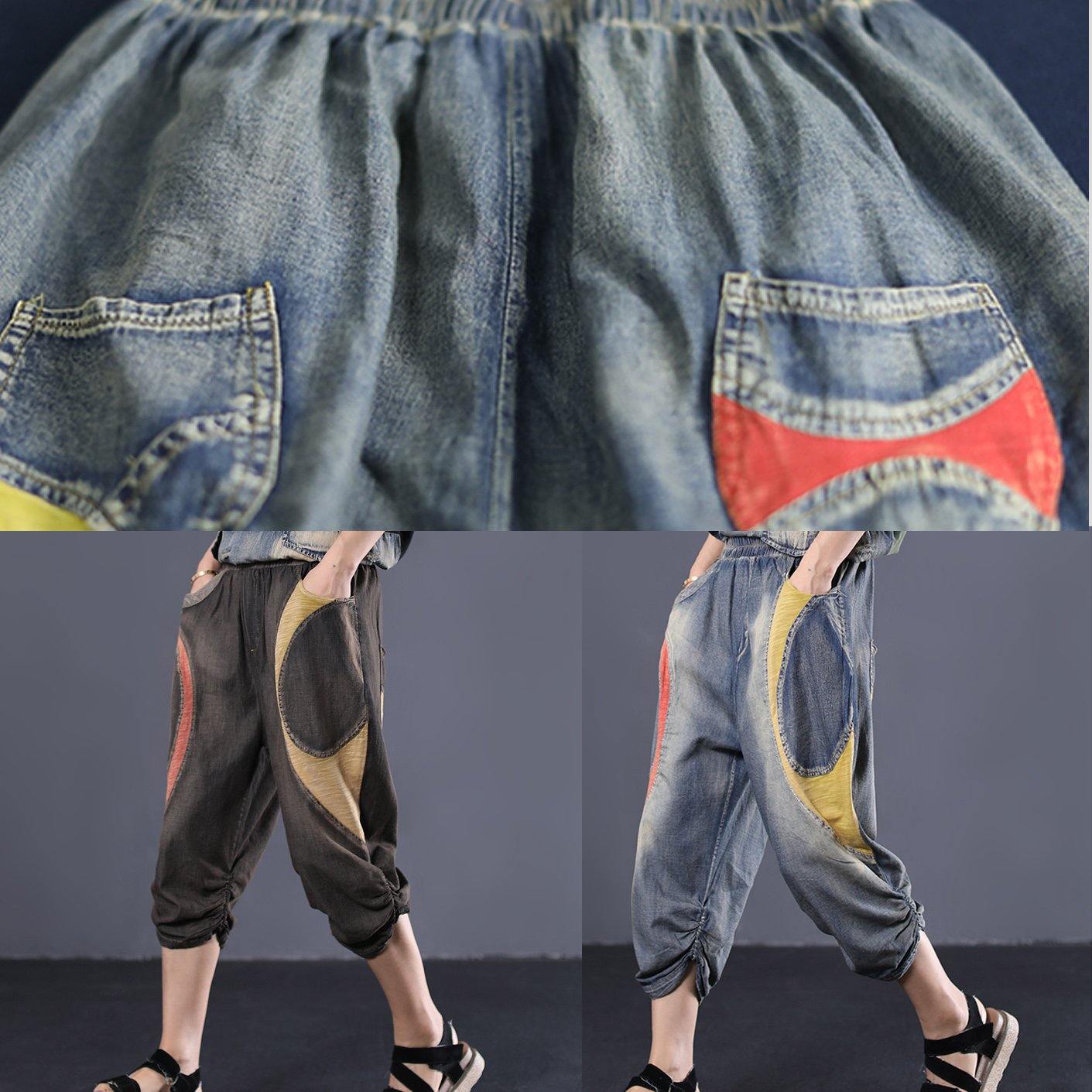 blue cotton new patchwork pants loose Cinched jeans - SooLinen