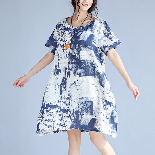 blaues Leinen-Kniekleid Locker sitzendes Leinenkleid Feindrucke O-Ausschnitt Kurzarm-Leinenkleider