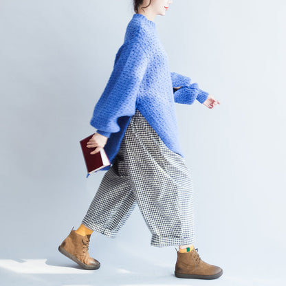blau stylische lässige Baumwoll-Strickoberteile Oversize Herbst 2024 warmer Pullover