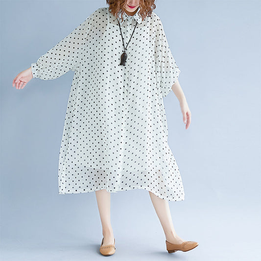 Weiße Maxikleider im Bohème-Stil, Umlegekragen, langärmliges Ballkleid, gepunktetes Baggy-Kleid, Maxikleid