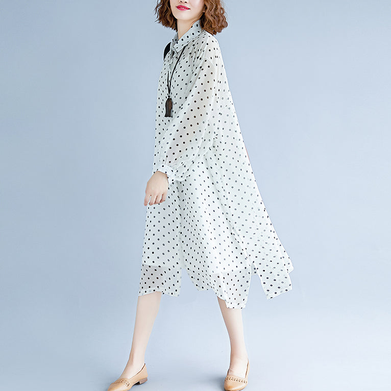Weiße Maxikleider im Bohème-Stil, Umlegekragen, langärmliges Ballkleid, gepunktetes Baggy-Kleid, Maxikleid