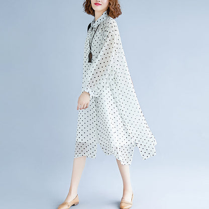 Weiße Maxikleider im Bohème-Stil, Umlegekragen, langärmliges Ballkleid, gepunktetes Baggy-Kleid, Maxikleid