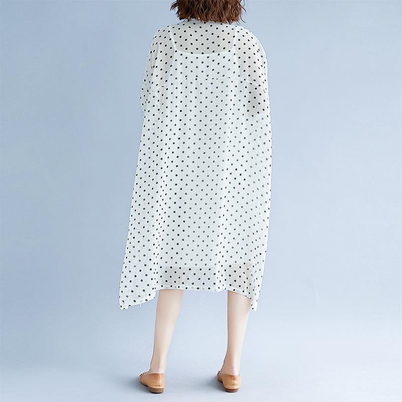 Weiße Maxikleider im Bohème-Stil, Umlegekragen, langärmliges Ballkleid, gepunktetes Baggy-Kleid, Maxikleid