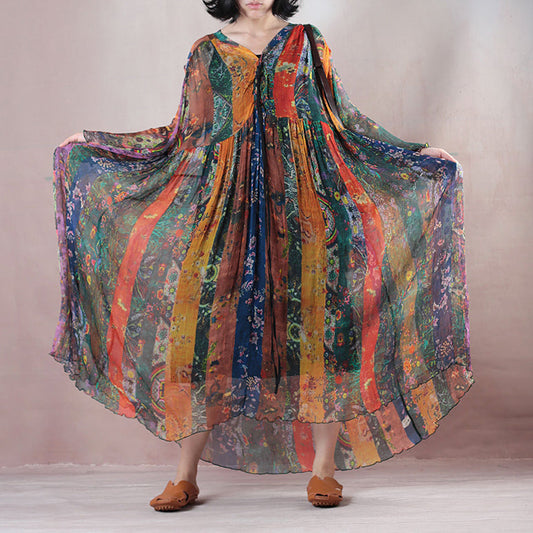 Gelbes Seiden-Sommerkleid im Boho-Stil mit V-Ausschnitt, langen Ärmeln, langes Kleid mit Blumenmuster, extra großer Saum, Sommer-Maxikleid