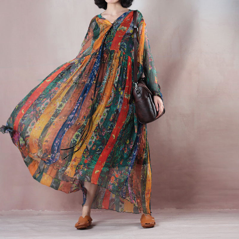 Gelbes Seiden-Sommerkleid im Boho-Stil mit V-Ausschnitt, langen Ärmeln, langes Kleid mit Blumenmuster, extra großer Saum, Sommer-Maxikleid