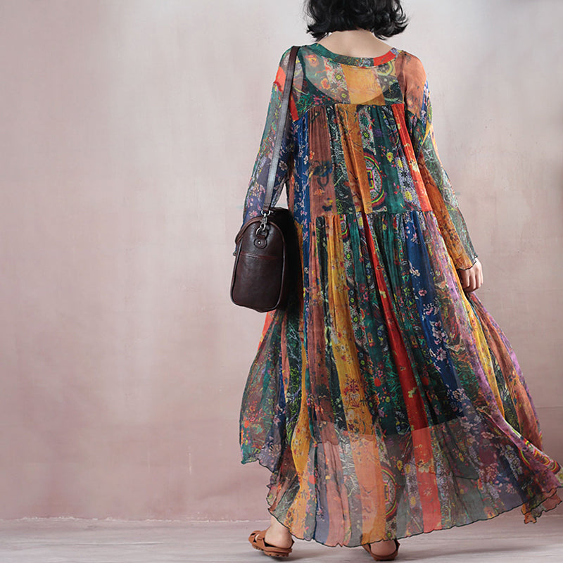 Gelbes Seiden-Sommerkleid im Boho-Stil mit V-Ausschnitt, langen Ärmeln, langes Kleid mit Blumenmuster, extra großer Saum, Sommer-Maxikleid