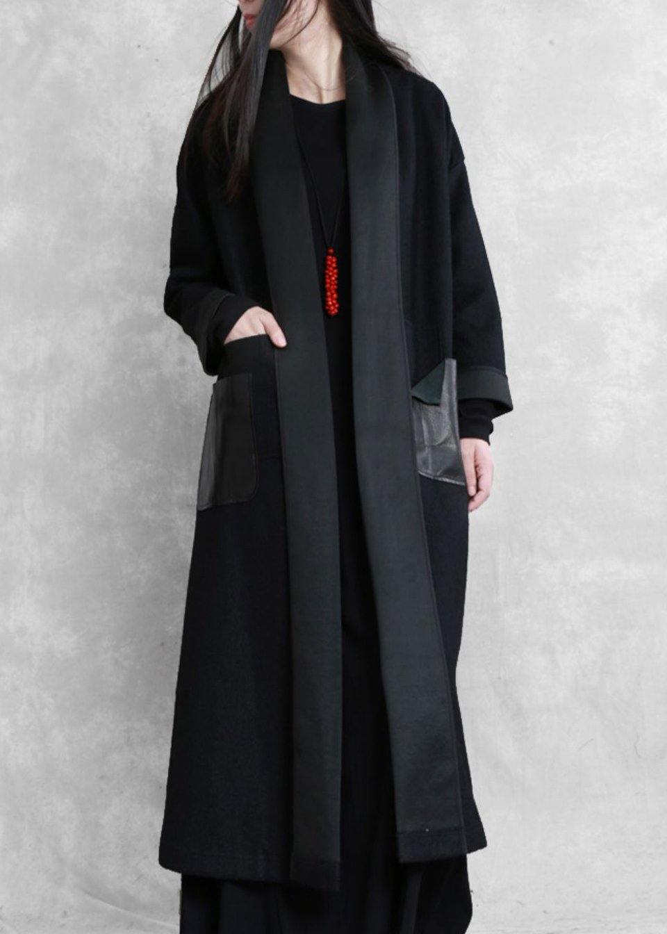 boutique  plus size long winter coat winter woolen outwear black  woolen outwear - SooLinen