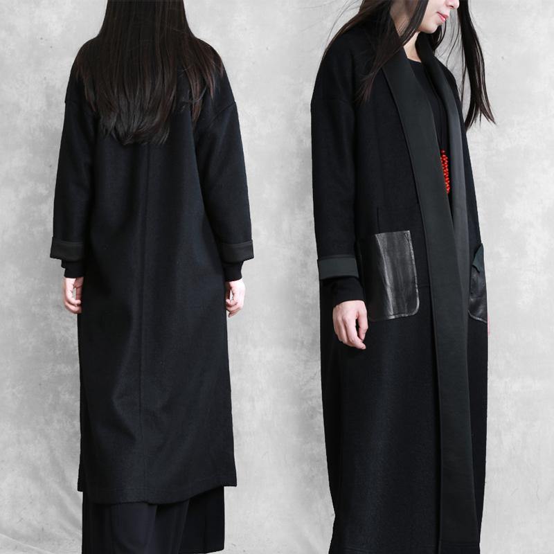 boutique  plus size long winter coat winter woolen outwear black  woolen outwear - SooLinen