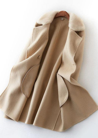 boutique beige Woolen Coats oversize medium length jackets fur collar coat double breast - SooLinen