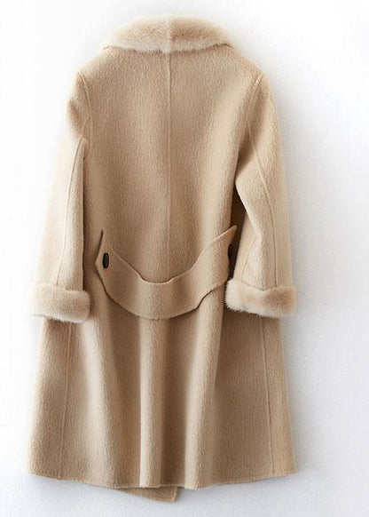 boutique beige Woolen Coats oversize medium length jackets fur collar coat double breast - SooLinen