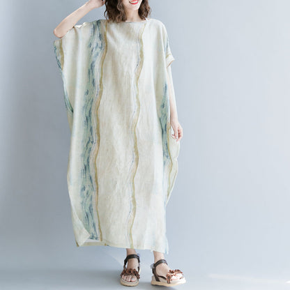 Boutique-Kleid aus beigefarbenem Baumwoll-Leinen, lässig, O-Ausschnitt, Baggy-Kleider, Baumwoll-Leinen-Kleider 2018, Fledermausärmel, extra großer Saum