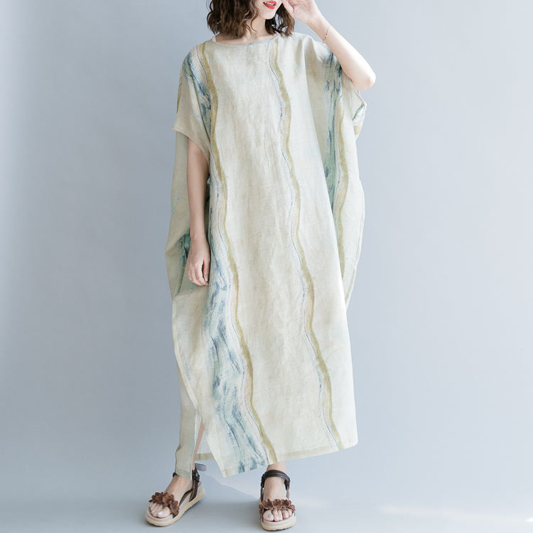 Boutique-Kleid aus beigefarbenem Baumwoll-Leinen, lässig, O-Ausschnitt, Baggy-Kleider, Baumwoll-Leinen-Kleider 2018, Fledermausärmel, extra großer Saum