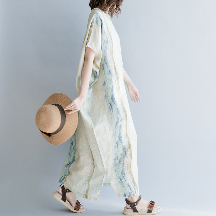 Boutique-Kleid aus beigefarbenem Baumwoll-Leinen, lässig, O-Ausschnitt, Baggy-Kleider, Baumwoll-Leinen-Kleider 2018, Fledermausärmel, extra großer Saum