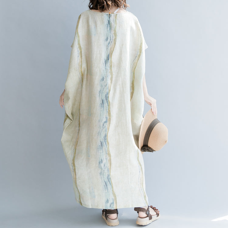 Boutique-Kleid aus beigefarbenem Baumwoll-Leinen, lässig, O-Ausschnitt, Baggy-Kleider, Baumwoll-Leinen-Kleider 2018, Fledermausärmel, extra großer Saum