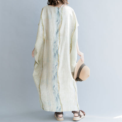 Boutique-Kleid aus beigefarbenem Baumwoll-Leinen, lässig, O-Ausschnitt, Baggy-Kleider, Baumwoll-Leinen-Kleider 2018, Fledermausärmel, extra großer Saum