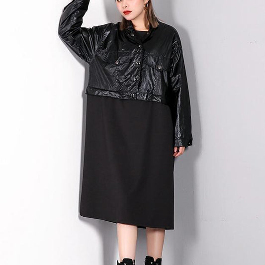 Boutique schwarze Kaftane trendiges Plus-Size-Stehkragenkleid feines Patchwork falsche zweiteilige Maxikleider