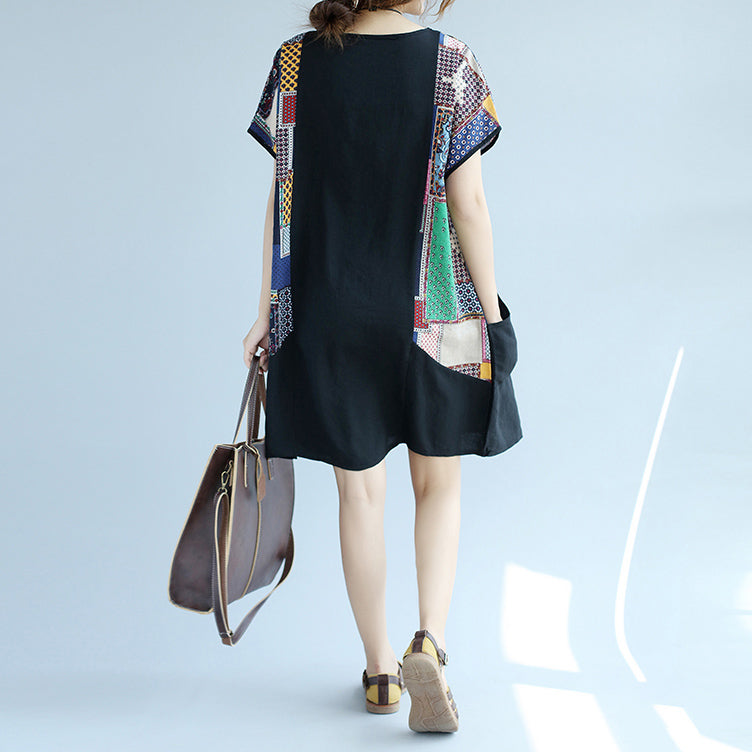 Boutique schwarzes Etuikleid aus Baumwolle trendiges Freizeitkleid in Übergröße lässige Patchwork-Kniekleider mit großen Taschen