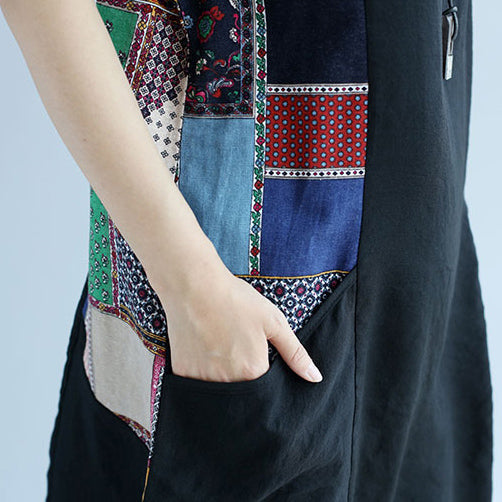 Boutique schwarzes Etuikleid aus Baumwolle trendiges Freizeitkleid in Übergröße lässige Patchwork-Kniekleider mit großen Taschen