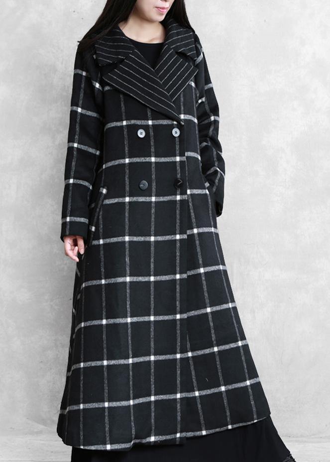 boutique black plaid wool coat for woman Loose fitting Notched tie waist Winter coat - SooLinen